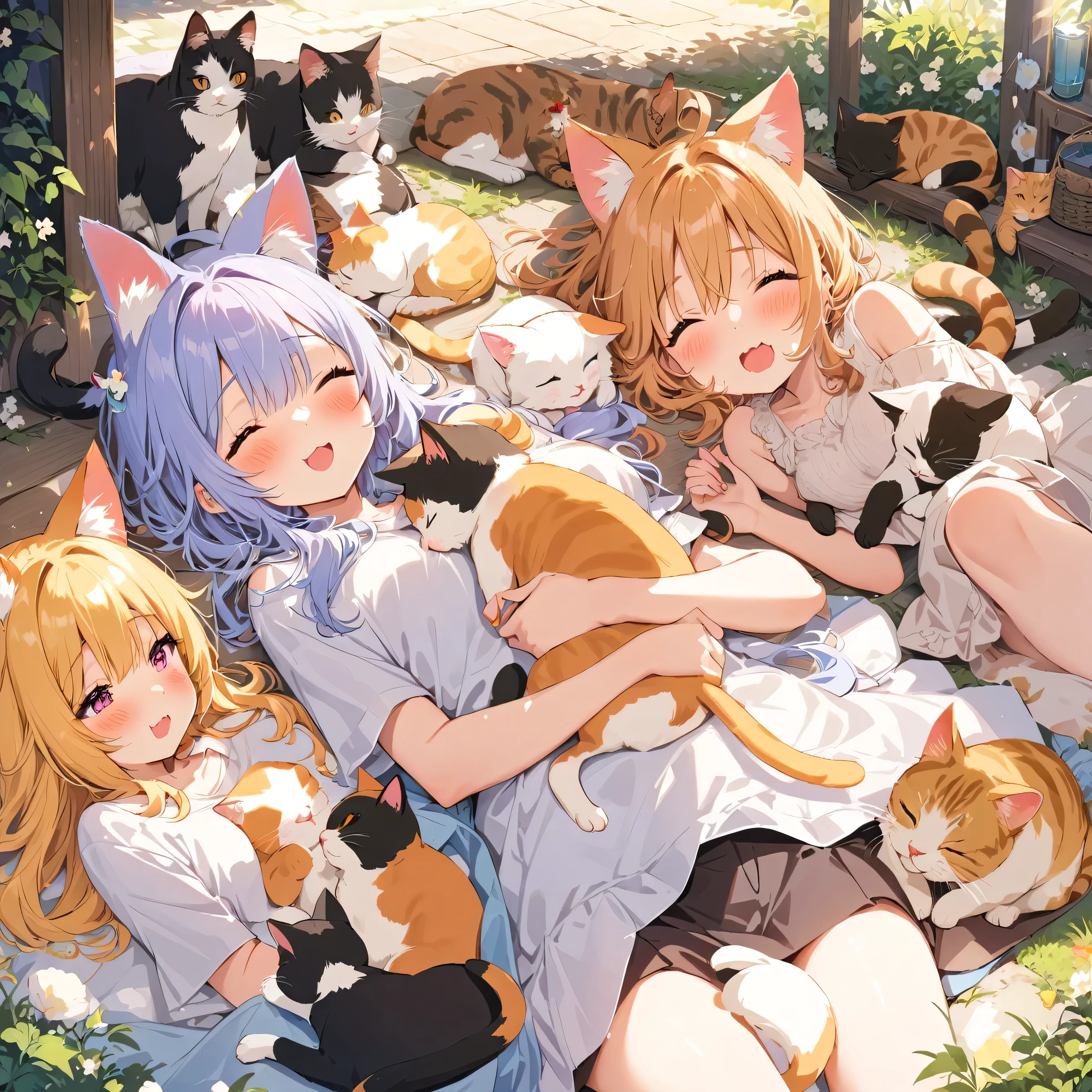 (best quality,ultra-detailed,highres,masterpiece:1.2),a girl sleeping next to a cat,girls oh so happy and excited,playful cats relaxing on the ground,a beautiful white cat,a mischievous black cat,a cute calico cat,a lovely tabby cat,a majestic tortoiseshell cat,girls interrupting cats' afternoon nap,girls playfully poking and prodding the cat's body,giggling girls caressing the cats,the girls filled with joy,faces beaming with delight,salivating with anticipation,a vivid scene of interactions between numerous cats and girls