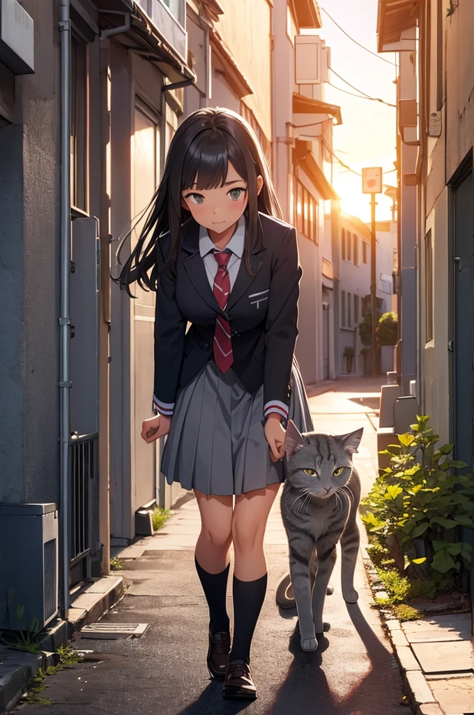 girl in school uniform petting a grey cat, alleyway, sunset, close up