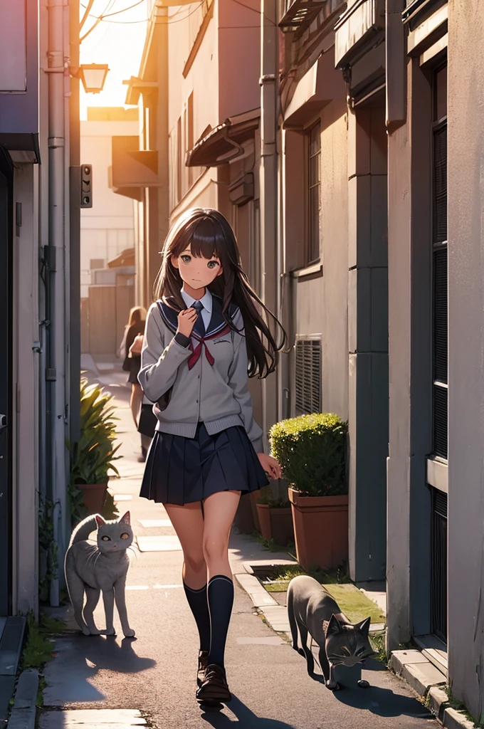 girl in school uniform petting a grey cat, alleyway, sunset, close up