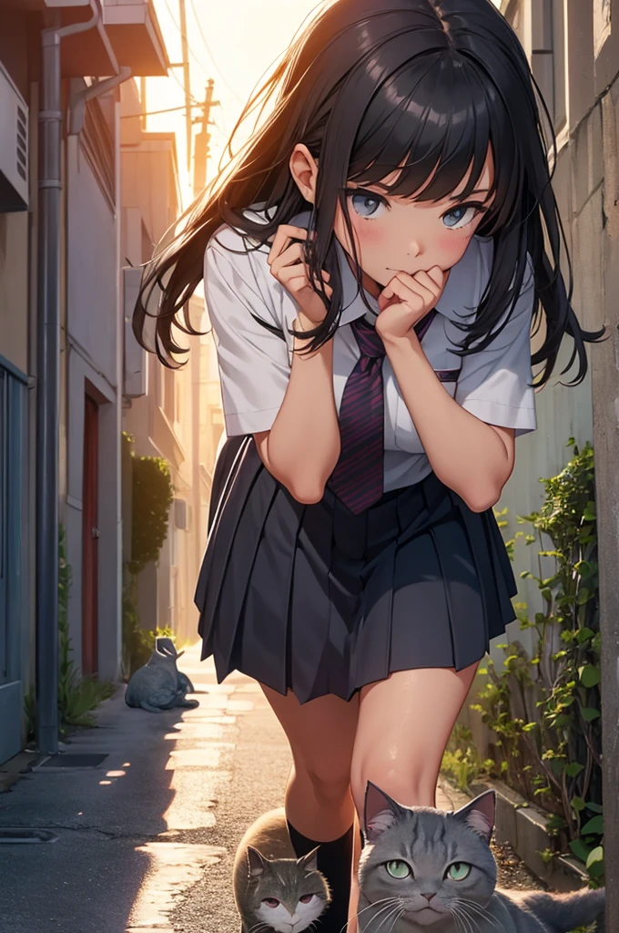 (ultra-detailed, best quality, detailed face, anatomically perfect body), (parted lips:1.6), shiny skin, (2 girls), dwarf, medium, (have to pee, very desperate to pee, want to pee:1.2), (going to the toilet, street), (standing:1.3), (school uniform:1.3), (long skirt:1.8), (1 school bag, socks, leather shoes, low ponytail:1.3), (knees together and feet apart:1.3), (Rub each other's thighs:1.5), (hand between legs:1.2), (leaning forward:1.2), (covering crotch:1.5), (girl can't stand up straight), (constricted pupils:1.2), (blush:1.3), (embarrassment:1.5), flowing sweat, (breathless:1.5), (looking away:1.3), (full body:1.4), from below