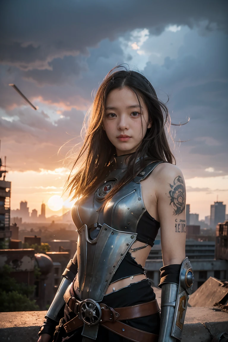 detailed photo of a futuristic beautiful female warrior in a dystopian city, tattered outfit with rusty metal armor plates, long wild hair, tattooed arms and body, fashion pose, blue eyes with round iris, detailed face, apocalyptic environment, natural body pose, professional photographer, filmed with a professional SLR camera, professional fantasy artists, professional rococo and baroque background artists, professional artstation artists
