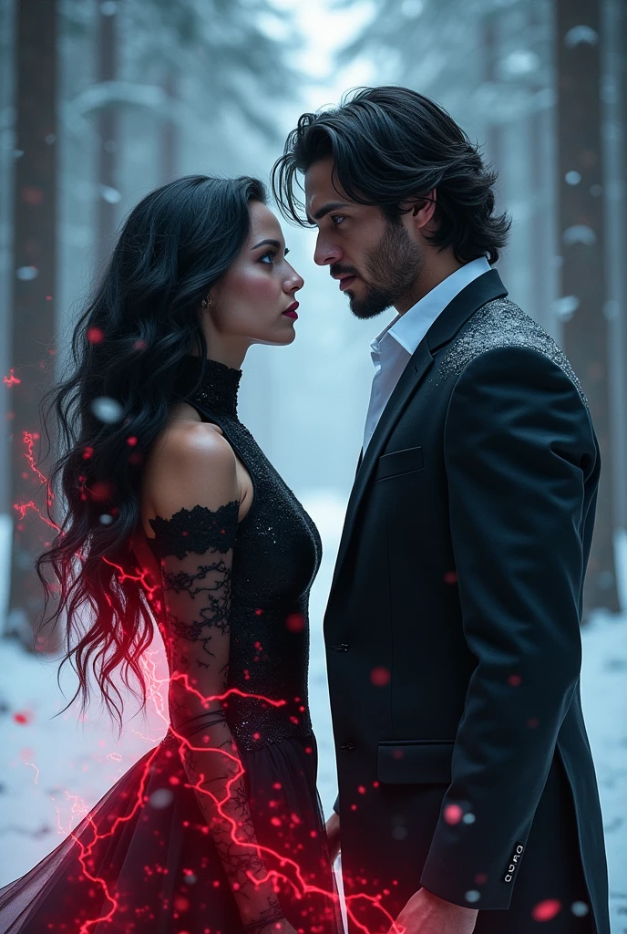 Woman from the front, long wavy black hair, blue eyes, Red lips, black high neck dress, Red energy coming out of it, in a snowy pine forest, front man in suit, muscular, medium wavy black hair, blue eyes, with black energy coming out of it