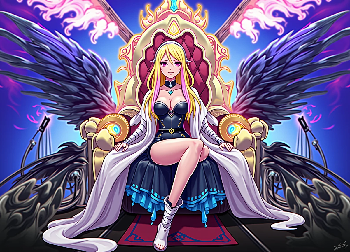 Create a dynamic and powerful scene featuring a dominant female character seated on a throne in the center. She has long, flowing blonde hair with pink tips, and wears a revealing, dark outfit that contrasts with her pale skin. Her outfit includes a white robe draped over her shoulders, and high-heeled boots. The character’s expression is confident and authoritative as she crosses her legs. Surrounding her are large, menacing black wings with streaks of purple and blue flames. Behind her, an intricate throne is adorned with glowing golden and blue energy, adding to the divine and majestic atmosphere. In the background, abstract and futuristic structures rise, adding a sense of grandeur and otherworldliness. The color palette should emphasize dark tones, with vibrant accents of pink, blue, and gold.