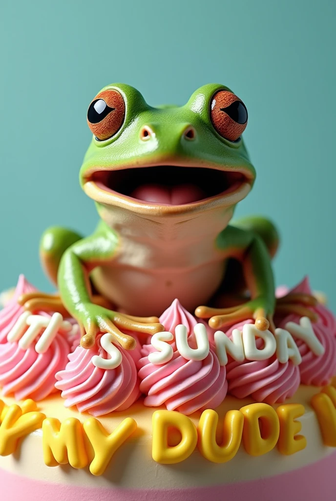 meme , close-up funny frog on top of cake with colorful cream shaped text "ITS SUNDAY, MY DUDE"