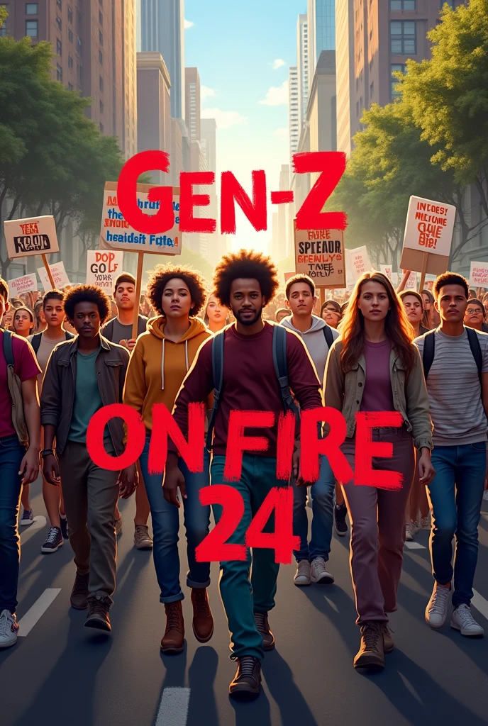 Creat an image for me where the students are protesting in the road for justice and over the image visible the text is "Gen-Z on Fire 24"