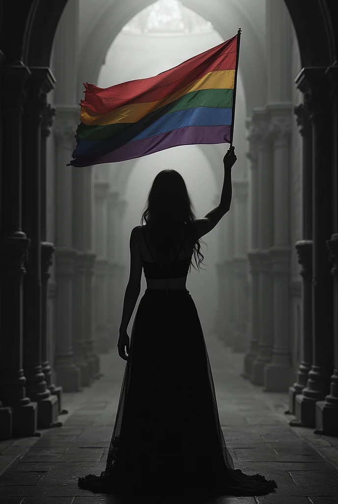 Pansexual Flag. Held by girl with back turned. The Gothic style. All black and white except the flag