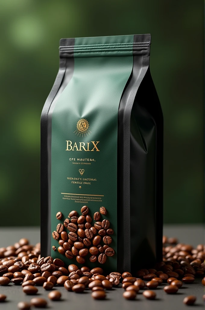 I want a new and special package for coffee beans in the shape of a rectangle with four sides, black color and one very dark green color, with Barix brand and a photo of coffee beans on the package.