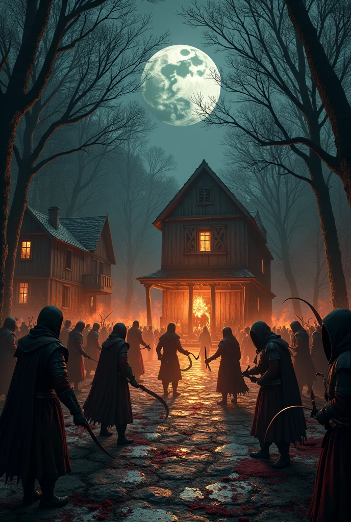 A night scene in a dense, dark forest, with tall, gnarled trees, whose branches look like skeletal hands. At the center, there is an old village surrounded by a wooden palisade, partially on fire. A group of hooded figures in dark red and black cloaks, with demonic masks. They hold improvised weapons like scythes, axes and swords, that are stained with blood. Some members are in the middle of a ritual, with arcane symbols drawn on the floor, while others brutally attack the clan&#39;s warriors. Warriors dressed in leather and fur armor, desperately defending their village. They wield spears, swords and bows, but they are clearly at a disadvantage. Some are lying on the ground, while others still struggle. Orange flames illuminate the scene, casting long, distorted shadows. A second key, partially covered by dark clouds, lights up the sky, adding a sinister atmosphere to the scene. Blood splattered on the floor and walls of the village adds to the sense of carnage..