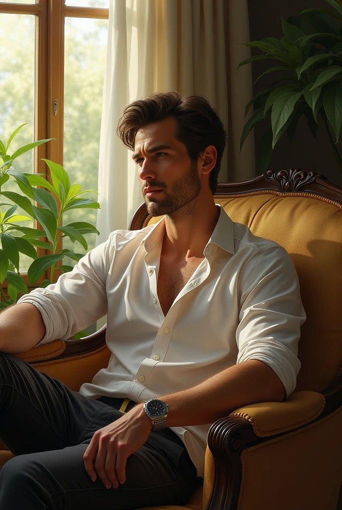 (photorealism:1.2), beautiful Man, sitting 'H' latter on ,outdoor, soft lighting, plants in background, window with sunlight, cozy room, relaxed pose, realistic, intricate details, warm colors, by Greg Rutkowski, by Alphonse Mucha H latter