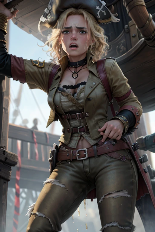 8k high resolution, best quality, dutch girl, 22 years old, short curly blonde hair, decent makeup, golden age of piracy, fancy pirates clothes, cowardly female pirate, standing on a pirate ship, scared, shocked, eyes wide open, crying in fear, tears running down her cheeks, smeared makeup, battle in the backround, terrified, peeing her pants, pee pants accident, visible wet pants, peeing herself, cowardly, totally scared, horrified, visibly wet tight breeches, peestained pants, visibly wet fabric of her pants, unexperienced pirate