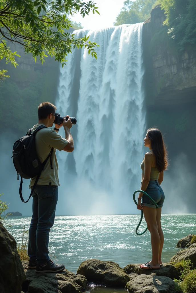 A waterfall a man sitting and taking photo with DSLR and a women wait until he takes photo with a hose ontop