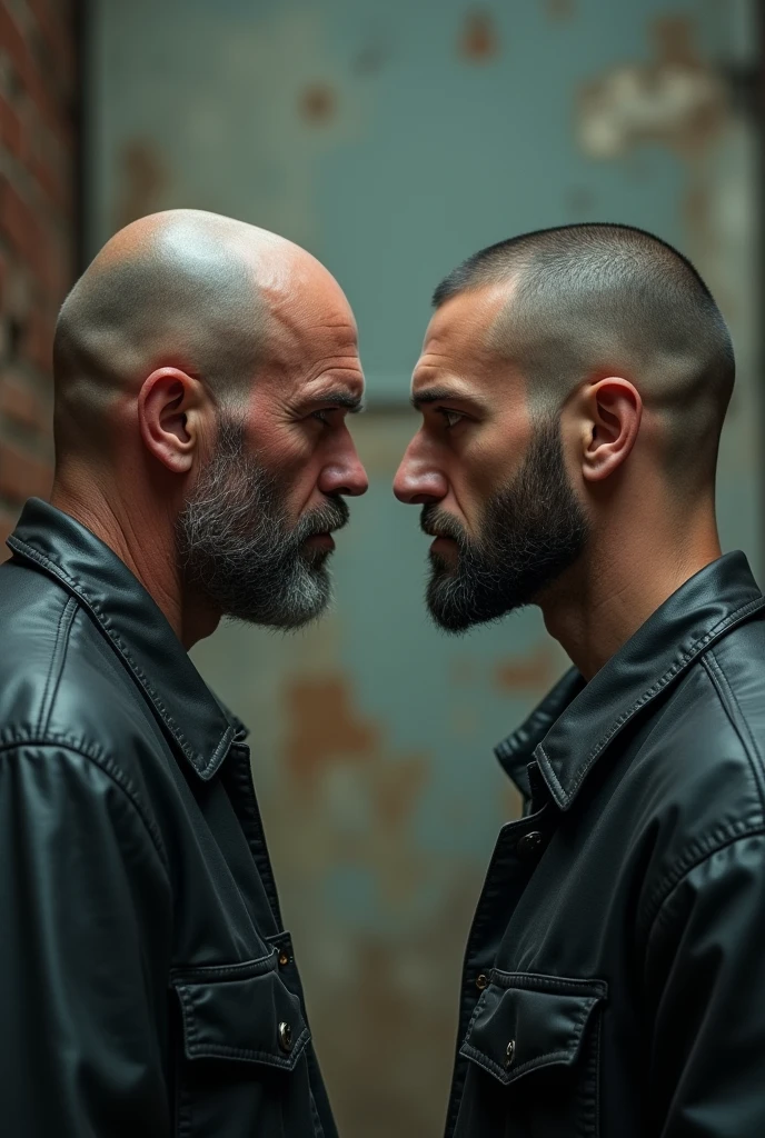 Two mans face to face looking.
Man 1: he is drugs addicted. He hasn’t responsibilities. He live in a thug life.
Man 2: he is not drugs addicted. He does have responsibilities. He is a good person. He is now in rehabilitation so his hair is all bald and his beard is all shaved.
Shave man 2 all beard