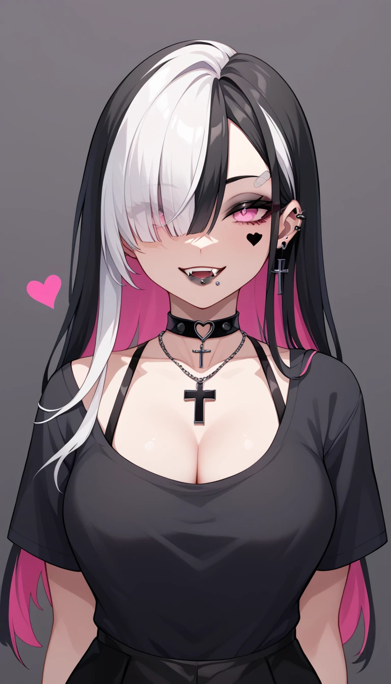 Goth girl, Goth girl 1girl 1girl,solo,long hair,looking at viewer,smile,simple background,black hair,jewelry,white hair,heart,multicolored hair,earrings,choker,pink eyes,grey background,necklace,hair over one eye,two-tone hair,tattoo,fangs,piercing,cross,ear piercing,portrait,bandaid,bandaid on face,facial tattoo,lip piercing, dark background, simple background, Upper body Shot, Sexy Pose, Cleavage 