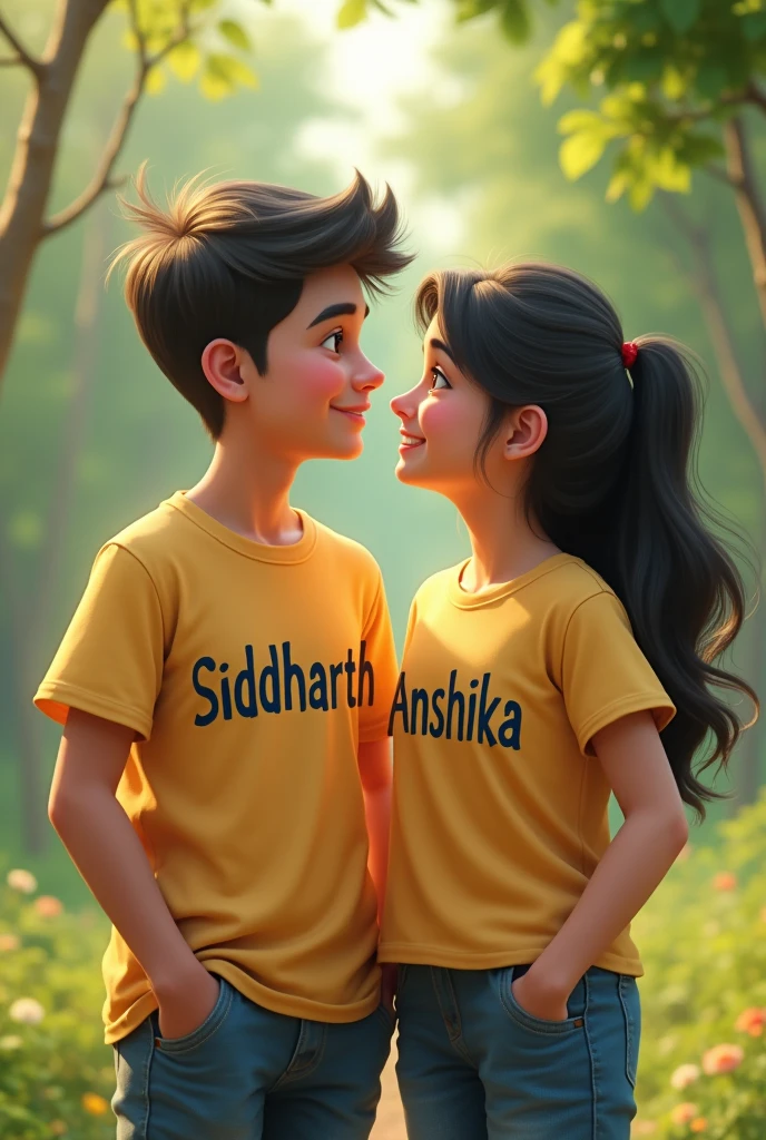 A boy his name is Siddharth and 15 year oldame is Anshika spent time with each other and both names printed on his tshirts, 4k resolution, high details