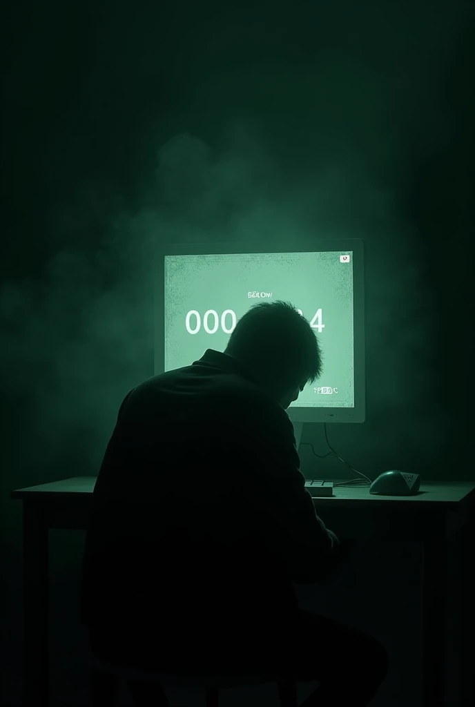 A shadowy figure sits in front of a computer screen with YouTube's logo faintly glowing on it. The screen displays a countdown timer labeled "2025." The background is dark with hints of green and black, creating a sense of urgency and mystery.