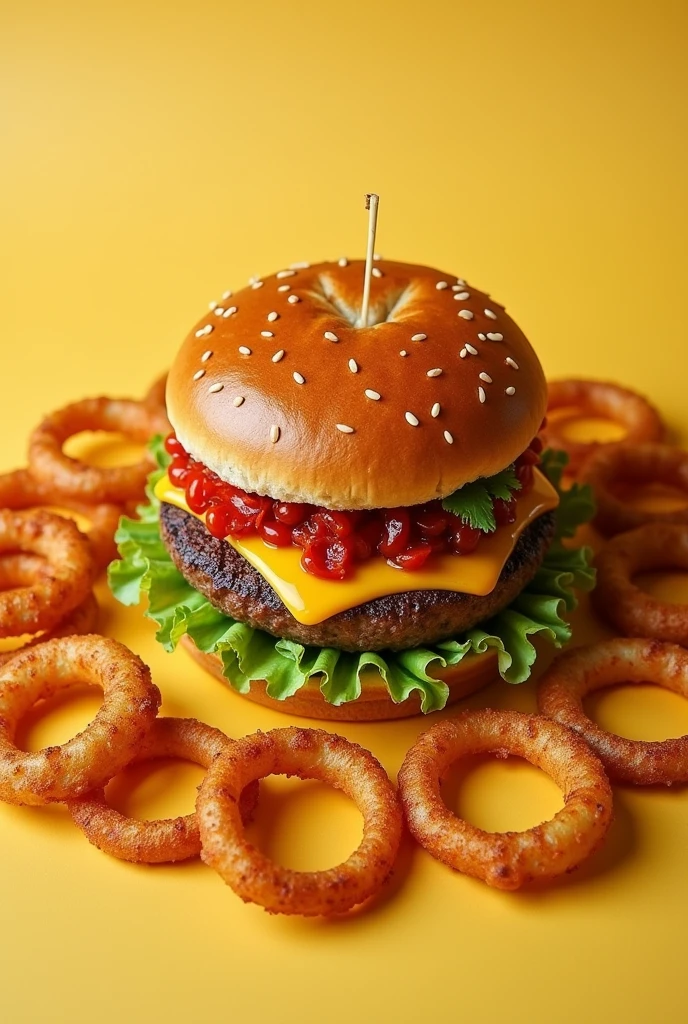 Burger with onion rings around it