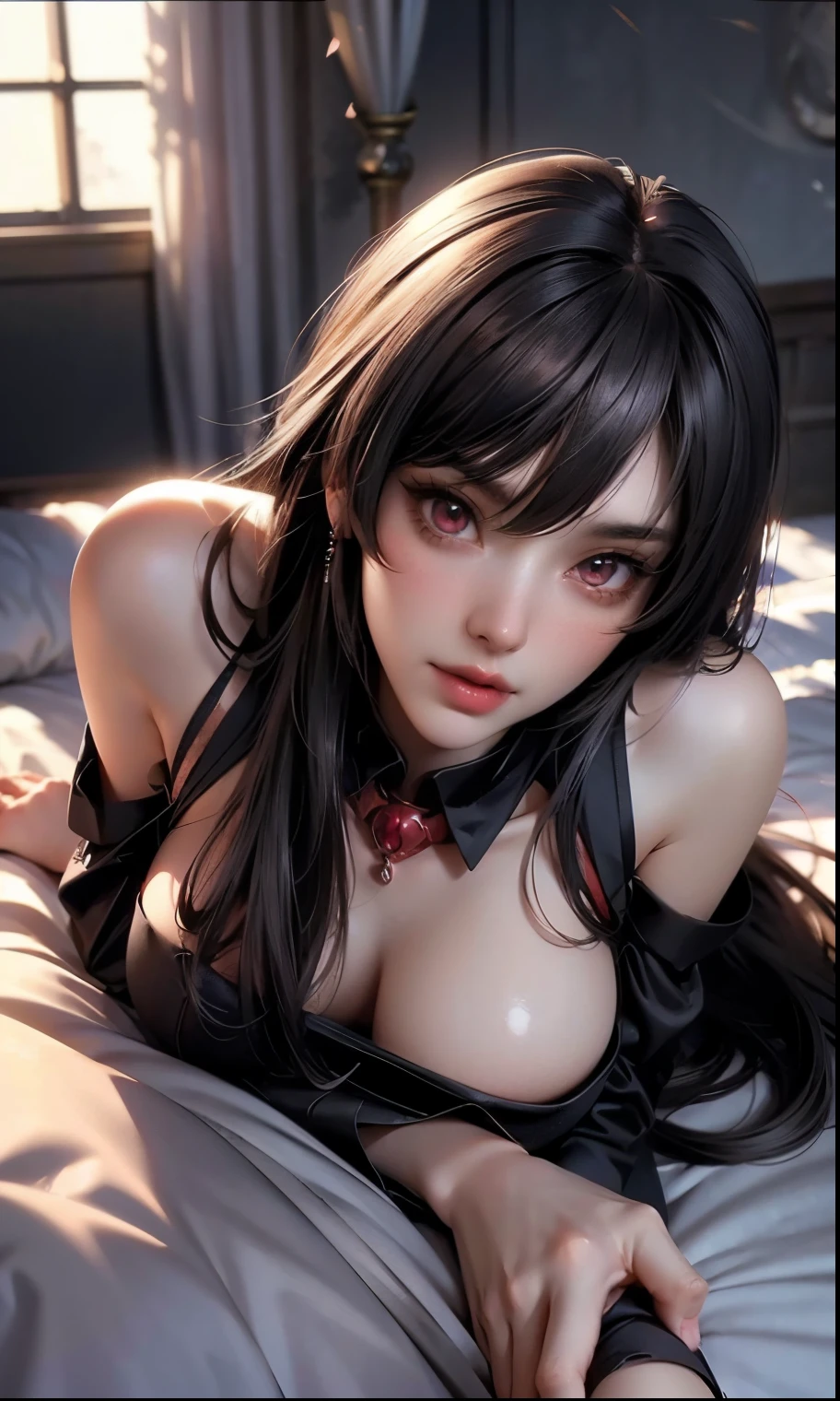 Landscape of an woman, Landscape of a very beautiful woman, (((low angle shot))), full body photography with Fujifilm XT3, depth of field, film grain, female crotch focus, Akame/(Akame ga Kill/), anime style, (((Lying down)))!!!, ((lying down on the bed))!!, windows, azalea flower on the pot, long sword on the bed, dramatic lighting, looks at the camera with Beautiful red pupil's eyes, (Beautiful red pupil's eyes like Ruby :1.40)!!, (((homochromatic eyes)))!!!, Stars in her fixed eyes, Ultra detailed eyes, seductive smile, beautiful smile, gorgeous smile, (Blush)!! Perfect nose, Cute little nose, Earrings, beatiful face, Face Clean, Skin, hyper realistic, Incredibly detailed face, hyper detailed face, A face with a lot of detail, Perfect eye shadow, wink, Hyper-Detailed Eyes, Hyper-detailing of eyebrows, Hyper-detailed eyelashes, black hair between eyes, black hair bangs, (ultra shine black hair)!!, (smooth straight hair)!!, ((dynamic composition)), ((Bare Shoulders))!!, detached sleeves, (((wear black school uniform with black miniskirt)))!!!, black miniskirt with red belt, ((red tie)), ((red belt))!, detailed realistic clothes, neck garter, seductive armpit, plump breasts, (plump breast covered with detailed thin black lace)!!, (((M Leg pose)))!!, ultra seductive temptation, open skirt, crotch slim legs, petticoat, fishnet legs, stockigs, smooth thighs cleavage, garter thighs, leather shoe, erotic, Best Quality, Masterpiece, Ultra-detailed, Beautiful, hight resolution, Original, CG 8K, perfect photo, dramatic lighting, (Realistic) Realistic, Full HD, Best Quality, Best Quality, Beautiful lighting, (8k wallpaper of extremely detailed CG unit), High Details, sharp-focus, The art of dramatic and photorealistic painting, ((center of a bed)), long sword at bed, azalea on pot, window, dynamic composition