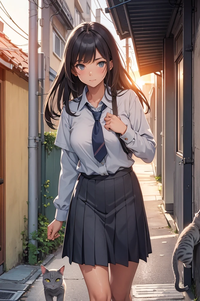 girl in school uniform petting a grey cat, alleyway, sunset, close up