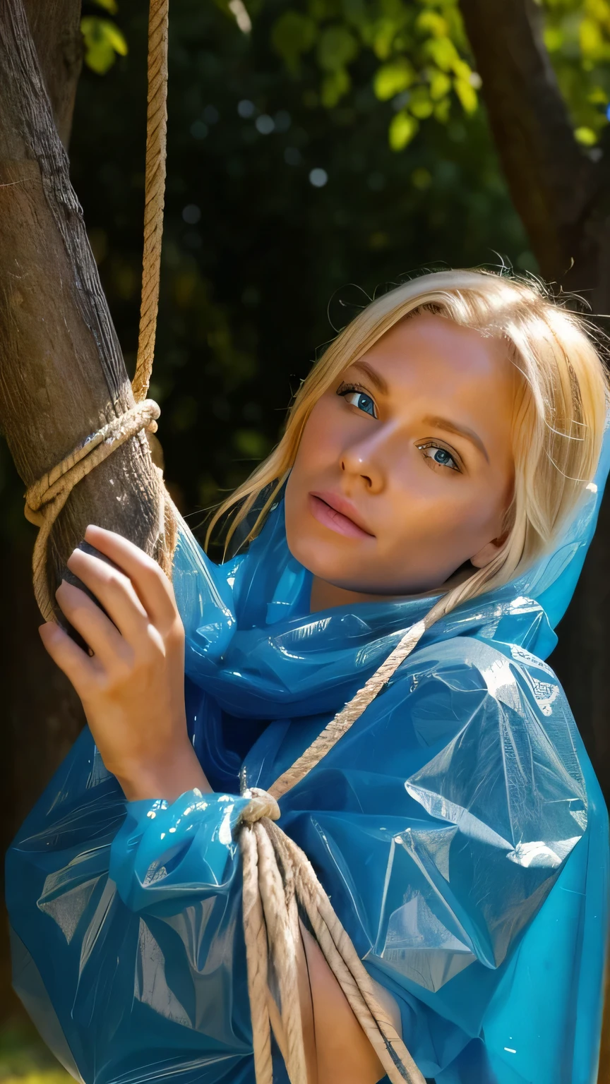 a stunningly beautiful blond woman completely wrapped up from head to toe in blue plastic garbage bags is tightly tied up with rope wrapped around her like a helpless living mummy, she is completely covered with plastic, she is hangig from a tree by a rope, forced against her will, bright day, extremely photorealistic photo, highly detailed photo, portrait