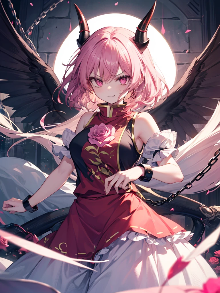 1girl, {{ibaraki_kasen_(touhou)}}, {{{{black tabard}}}}, pink rose, {{{white long skirt}}}, {{{sleeveless}}}, jewelry pink_eyes, pink long_hair, floating hair, {{{{oni, thick_two_horns in head}}}}, fangs, sharp_teeth, metal {{shackles}}, chain, evil smirk, provocation, femdom, arrogance, angry, glaring, sharp eyes, slanted eyes, slit pupils