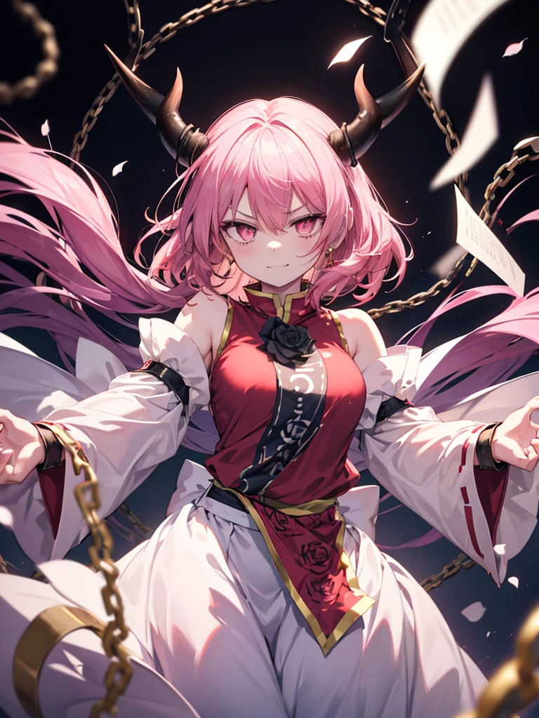 1girl, {{ibaraki_kasen_(touhou)}}, {{{{black tabard}}}}, pink rose, {{{white long skirt}}}, {{{sleeveless}}}, jewelry pink_eyes, pink long_hair, floating hair, {{{{oni, thick_two_horns in head}}}}, fangs, sharp_teeth, metal {{shackles}}, chain, evil smirk, provocation, femdom, arrogance, angry, glaring, sharp eyes, slanted eyes, slit pupils