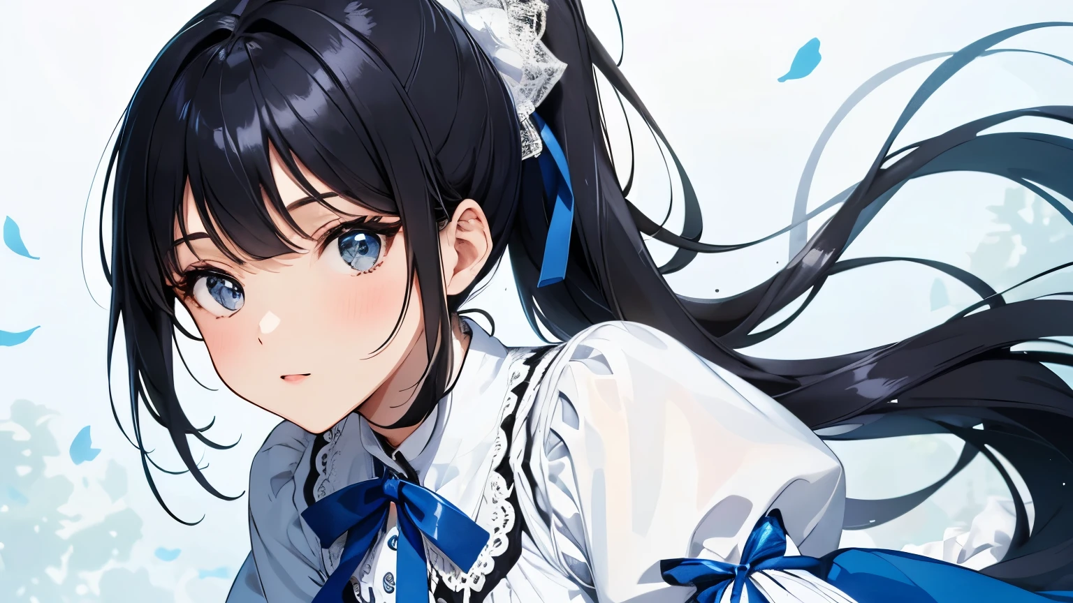 A beautiful woman wearing a blue and white long puff-sleeved dress with lots of frills and lace Black hair ponytail with ribbon Upper Body lipstick