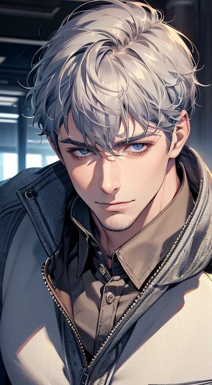 (best quality,4k,8k,highres,masterpiece:1.2),ultra-detailed,(realistic,photorealistic,photo-realistic:1.37),1 man,31 years old,mature man,very handsome,without expression,smile,short grey blue hair,blue eyes,penetrating gaze,perfect face without errors,imposing posture,businessman,office background,cinematic lighting,hdr image