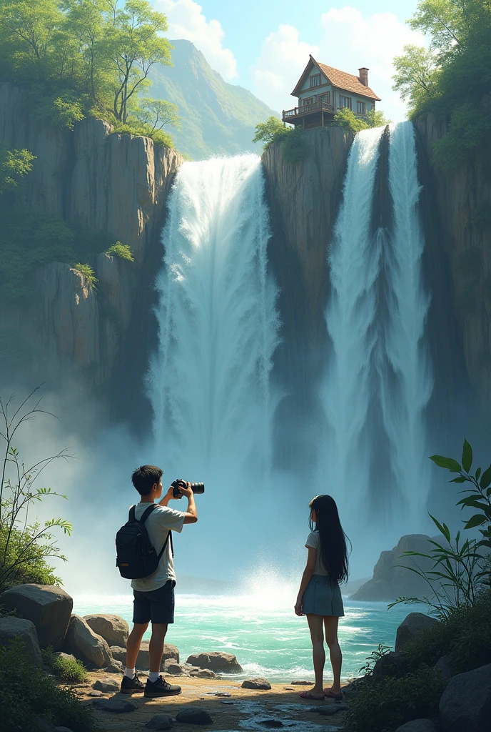A waterfall a man sitting and taking photo with DSLR and a women wait until he takes photo with a house on top of water fall
