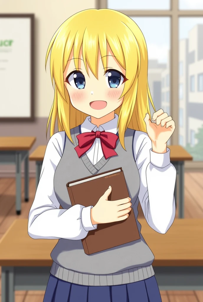Cheerful anime girl, bright yellow hair, wearing a school uniform, holding a book, classroom setting.