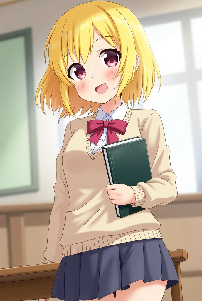 Cheerful anime girl, bright yellow hair, wearing a school uniform, holding a book, classroom setting.
