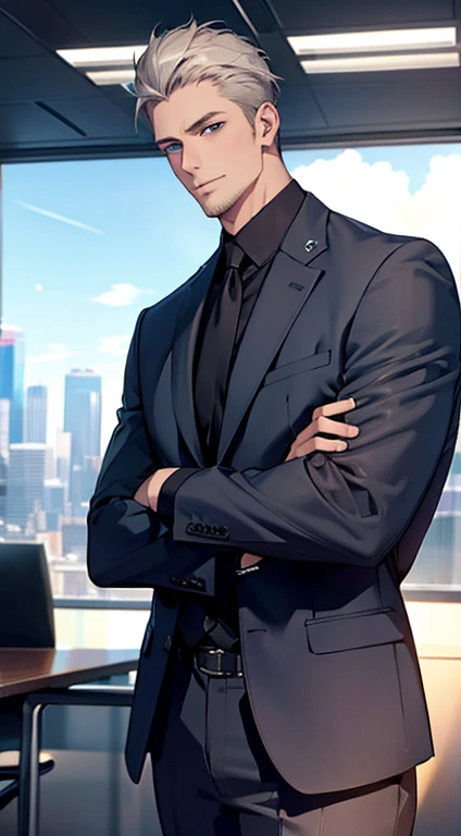 (best quality,4k,8k,highres,masterpiece:1.2),ultra-detailed,(realistic,photorealistic,photo-realistic:1.37),1 man,31 years old,mature man,very handsome,without expression,smile,short grey hair,blue eyes,penetrating gaze,perfect face without errors,imposing posture,businessman,office background,cinematic lighting,hdr image