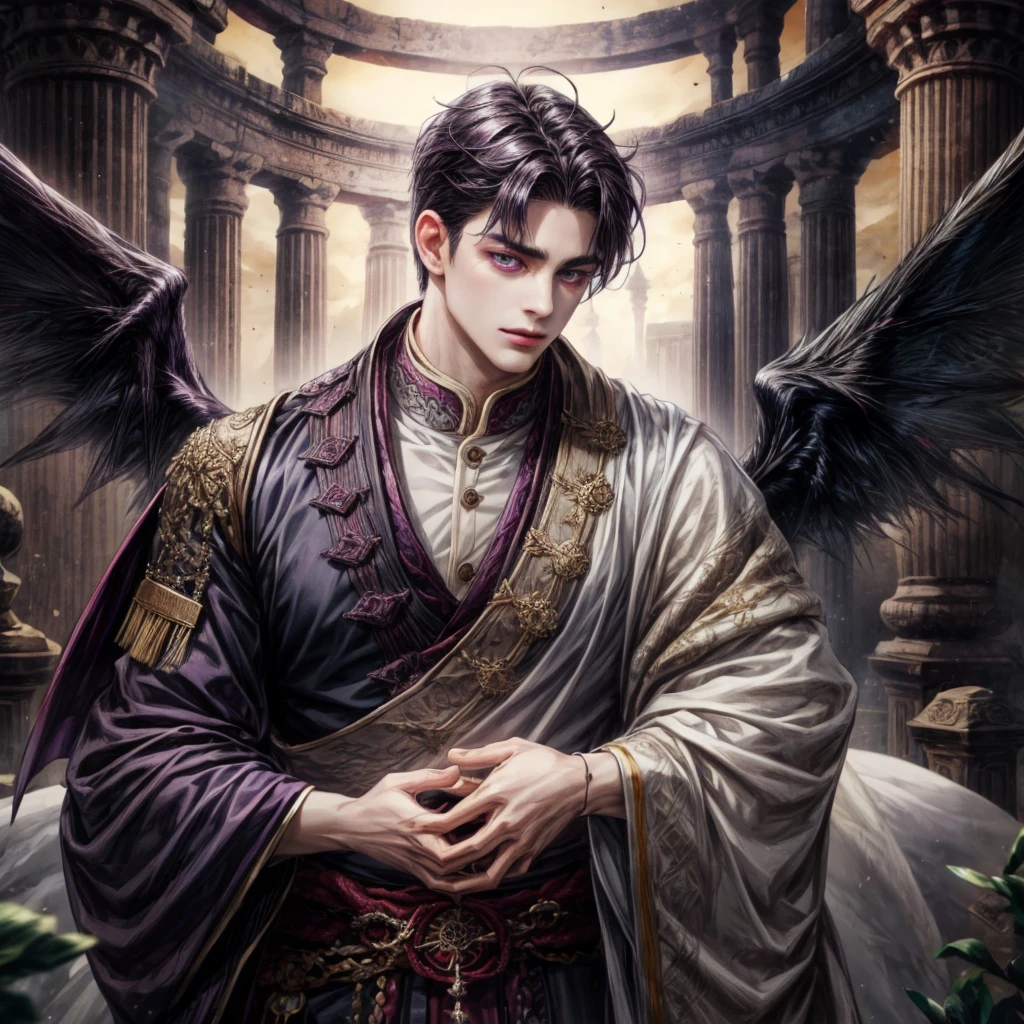 A man with dark hair, dark purple eyes, and have little dark horn, have a dark wings, wear an ancient clothes