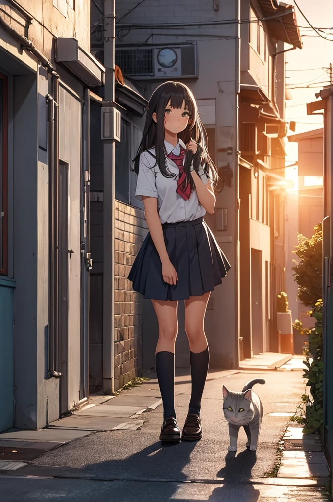 girl in school uniform petting a grey cat, alleyway, sunset, close up