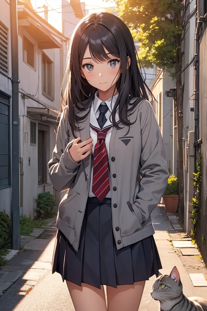 girl in school uniform petting a grey cat, alleyway, sunset, close up