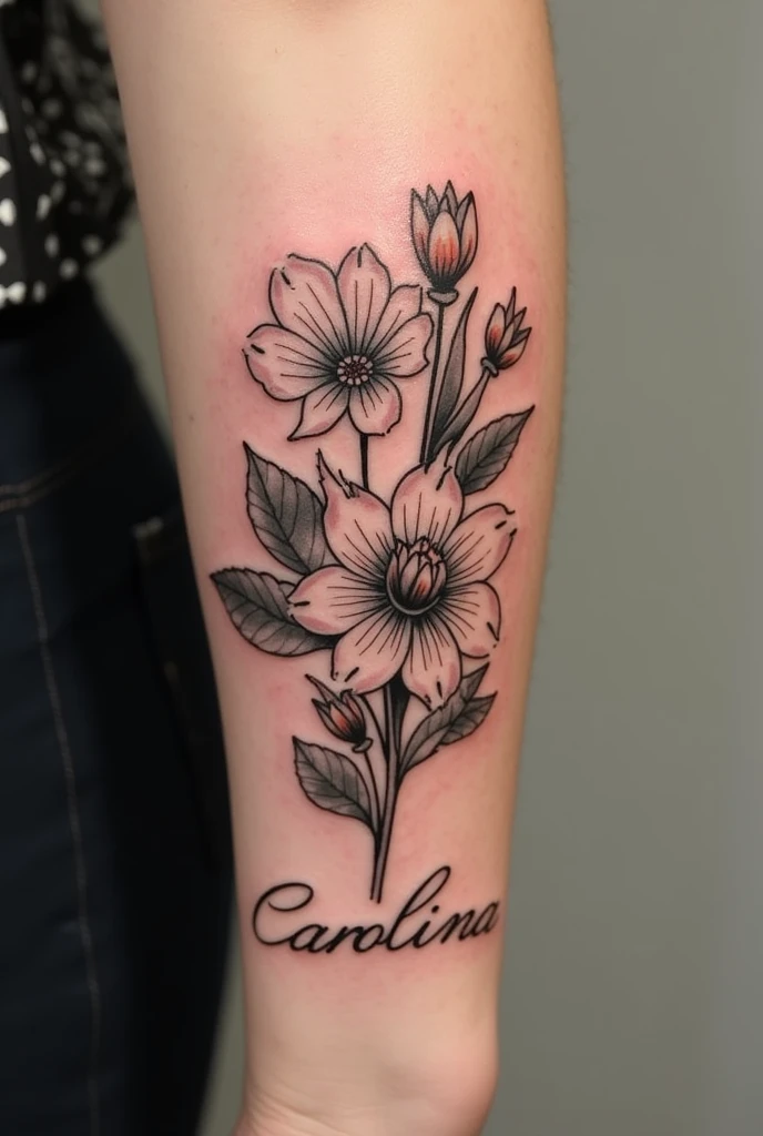 Floral tattoo with the name Carolina