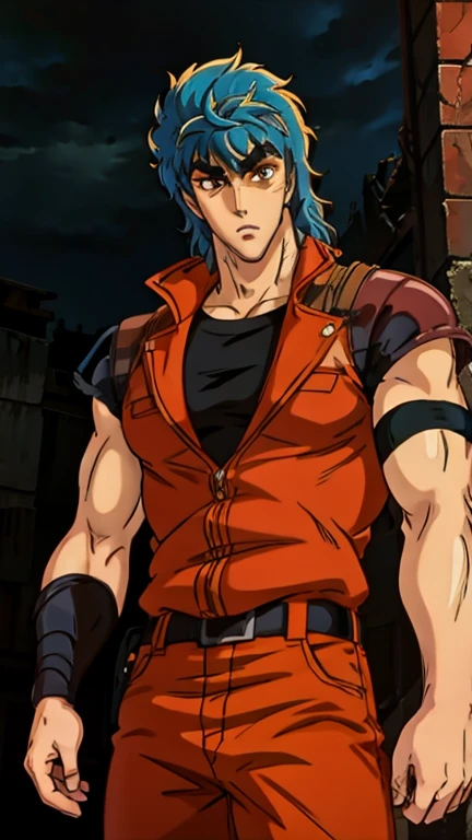 (Teens:1male: toriko), (extremely detailed CG unit 8k wallpaper),(master part), (best quality), (ultra detail), (best illustration),(post-apocalypic_fashion), cowboy shot, (Sharp eyeliner, ombre, detailed eyes:1), post- apocalypic abandoned building background, ,break , (HNKstyle), upper body, muscular male
orange shirt
short sleeves
orange pants