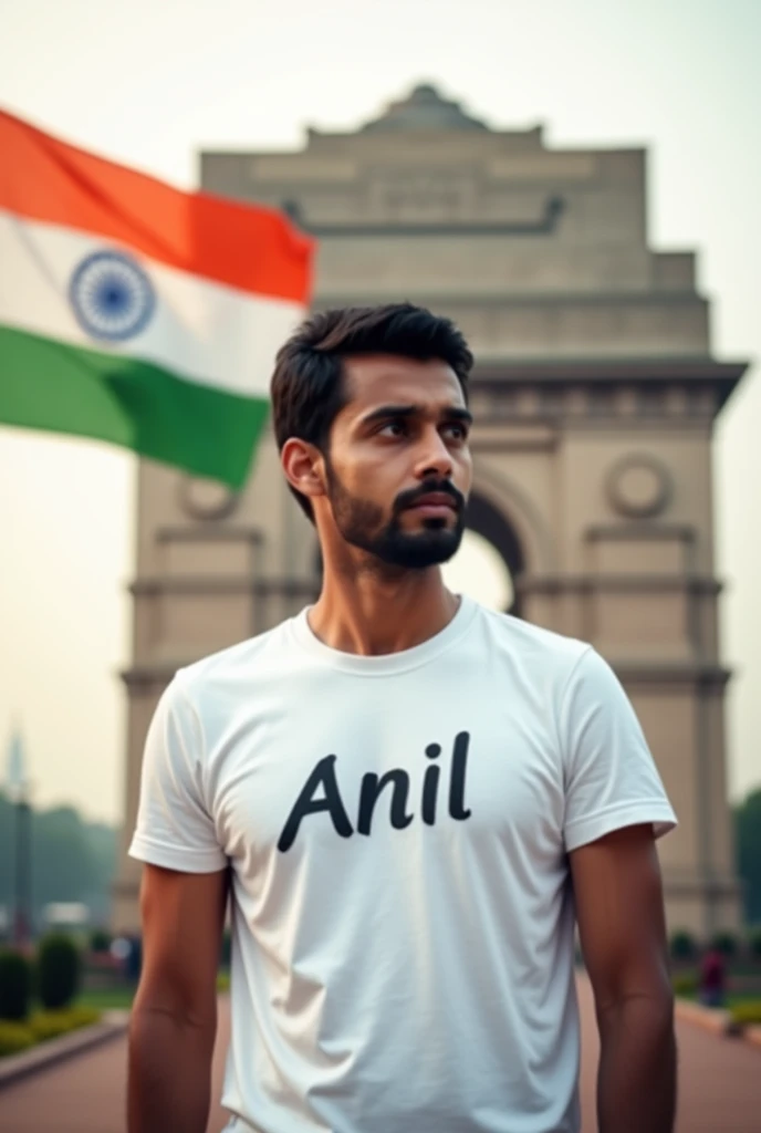 Indian flage and background of India gate and t shirt white and name anil in the t shirt