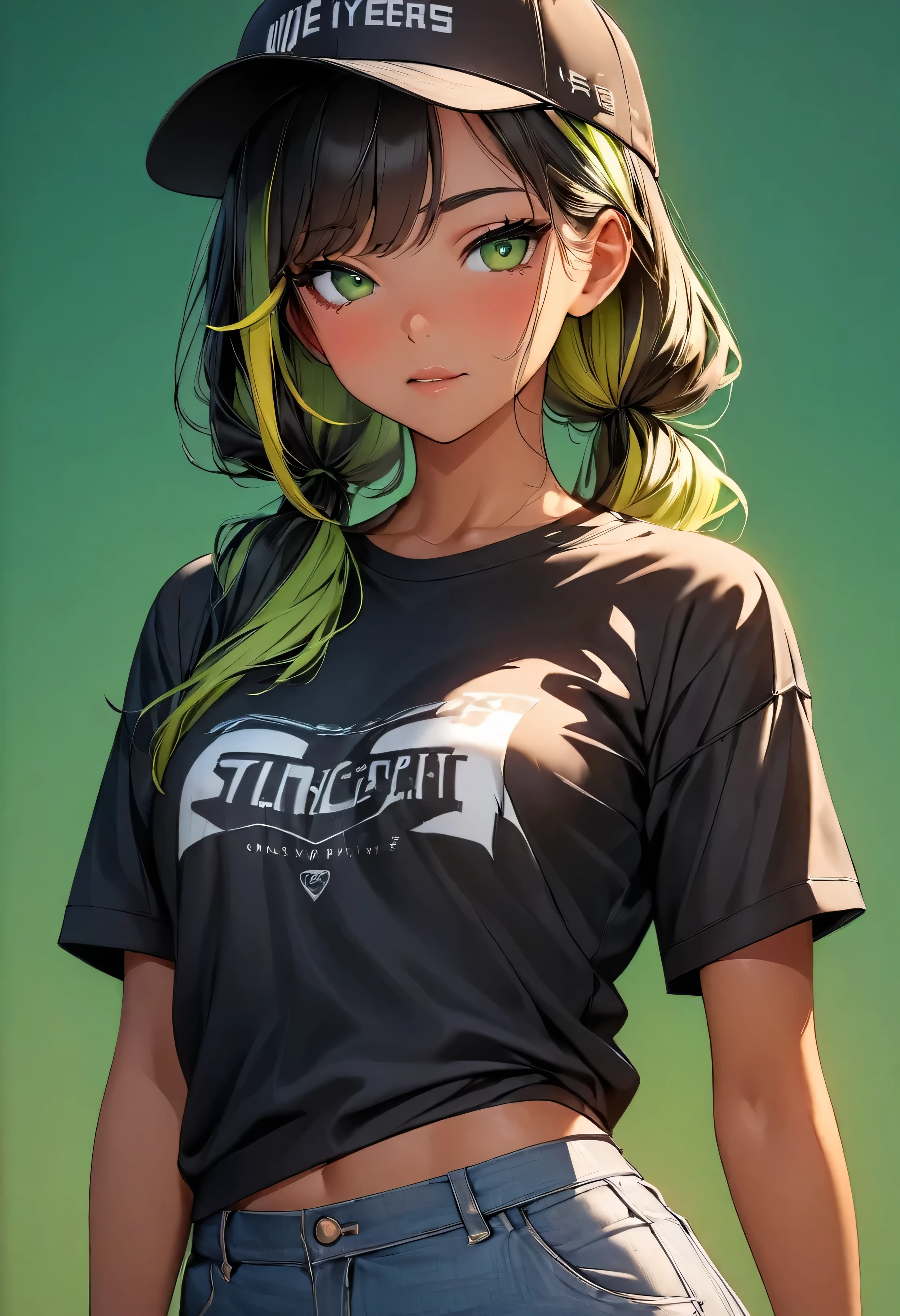 (highest quality:1.2, Very detailed, up to date, Vibrant, Ultra-high resolution, High Contrast, masterpiece:1.2, highest quality, Best aesthetics), Portraiture、girl、((25 years old:1.5)), (slim:1.2), 25-years-old, (black trucker cap:1.3), (black t-shirt), jeans, Bright colors、Beautiful fine details、Beautiful lip detail、long hair, (low ponytail:1.3), white and yellow green ((streaked hair:1.6)), highlights hair: 1.5, (small breast,:1) (tan skin:1.2), ((Plain green background:1.6)), lineart, ((two toned:1.7)), ((cowboy shot:1.3)), clean line drawings, standing, look at viewer, from front