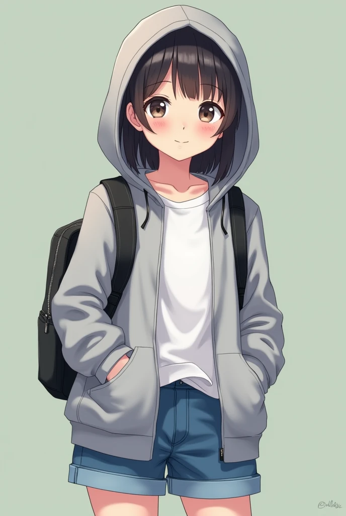 Grey hoodie over a white t-shirt、Shorts underneath(Blue)Bob wrote about a cute girl in the first year of junior high school, chubby and carrying a black backpack
