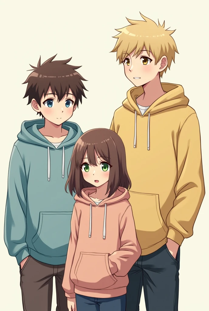 3 people talking 2 boys and a girl, All 3 of them are wearing kangaroo-type sweatshirts, The girl with green eyes and bangs, hair below her shoulders and of medium height, The first boy is tall with medium-short brown hair, Brown eyes, the second boy is tall with green eyes, medium blonde hair, a sketch please, thank you