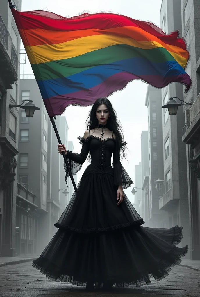 Pansexual Flag. Held by gothic style girl. All black and white except the flag. in a city. without people
