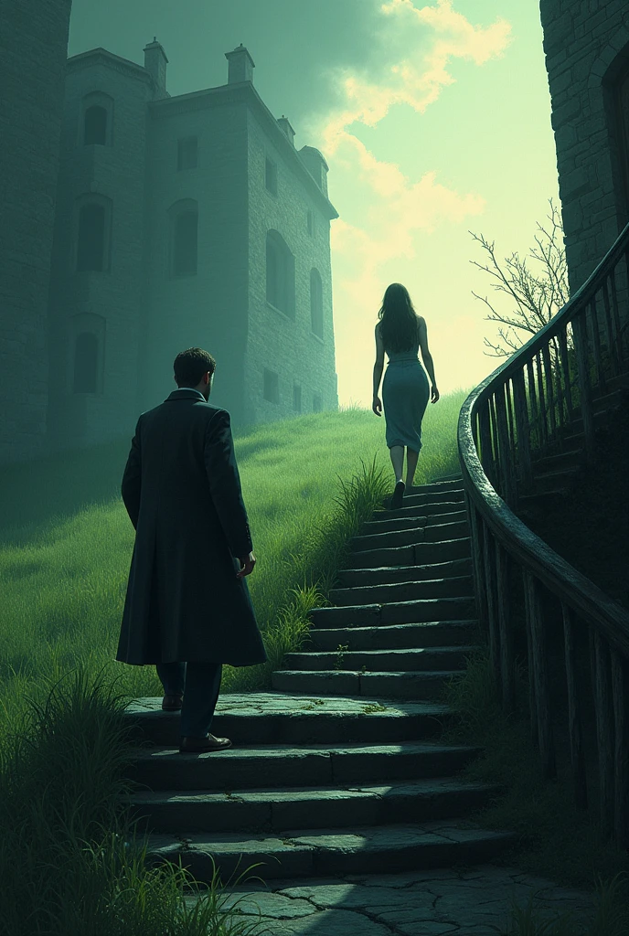 Novel cover, 2 characters, Male character walking in a gloomy scene, female character walking in a vast grassland, On the same staircase
