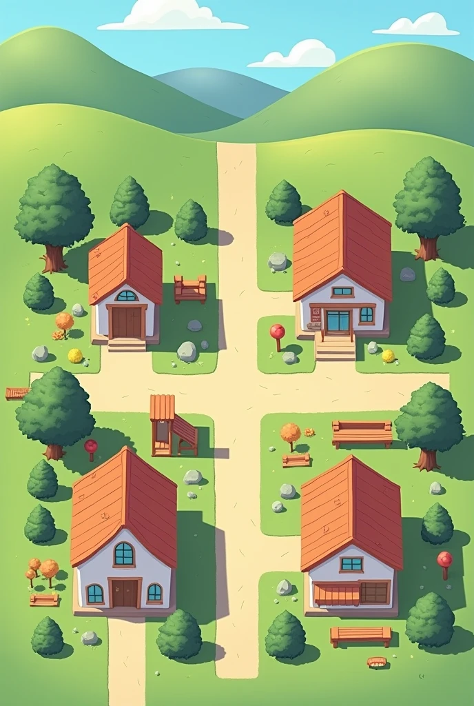 To make it easier to draw, here's a simplified description:

1. **House**: Draw a small, simple house with a triangle roof. Add a door and two windows.
2. **School**: Near the house, draw a rectangle building with a flat roof. Add a flagpole and a small playground with a slide and swing.
3. **Municipal Hall**: Draw a larger rectangle building with a dome or triangle roof. Add a small flag in front.
4. **Hospital**: Create another rectangle building with a cross symbol on the roof.
5. **Market**: Draw several small stalls with triangle roofs, close together.
6. **Park**: Draw a few trees, a bench, and a pathway.

Connect all these buildings with simple straight roads. Keep the shapes basic and focus on layout rather than detail.