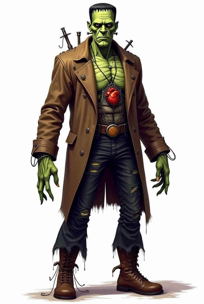 drawning, bright coloured, Frankenstein's monster, wrinkled greenish skin, wearing a torn brown overcoat, ripped black pants, boots with iron details, rusty iron parts throughout the body, for adapted radius on the back, glass exposing the heart in the chest, suture marks on forehead and arms, white background, fully body