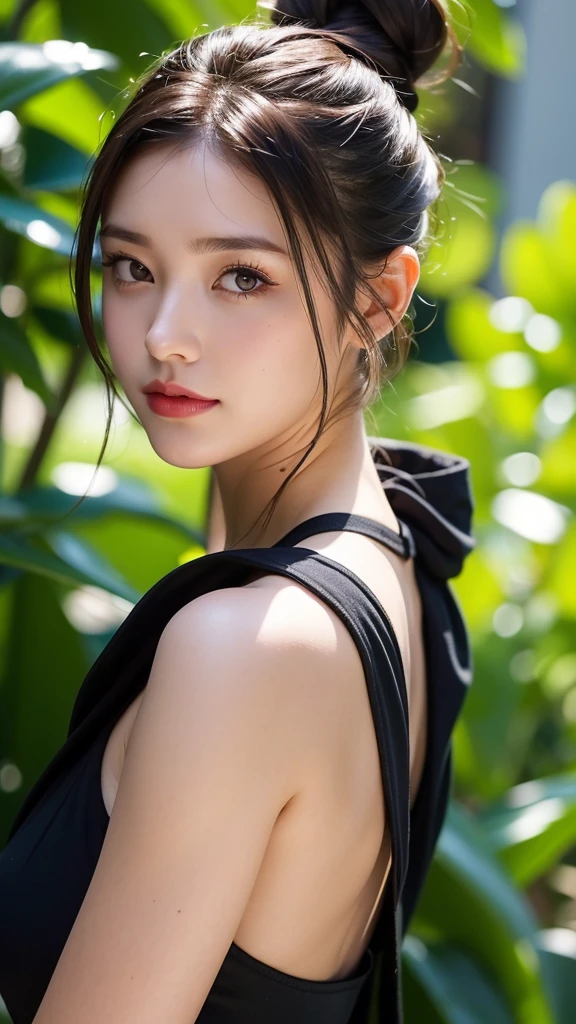 1girl, solo, blurry, leaf, looking_at_viewer, blurry_background, depth_of_field, red_lips, lips, black_hair, food, makeup, hair_bun, fruit, single_hair_bun, closed_mouth, realistic, bare_shoulders, brown_hair, plant, day, nose, sunlight, water_drop