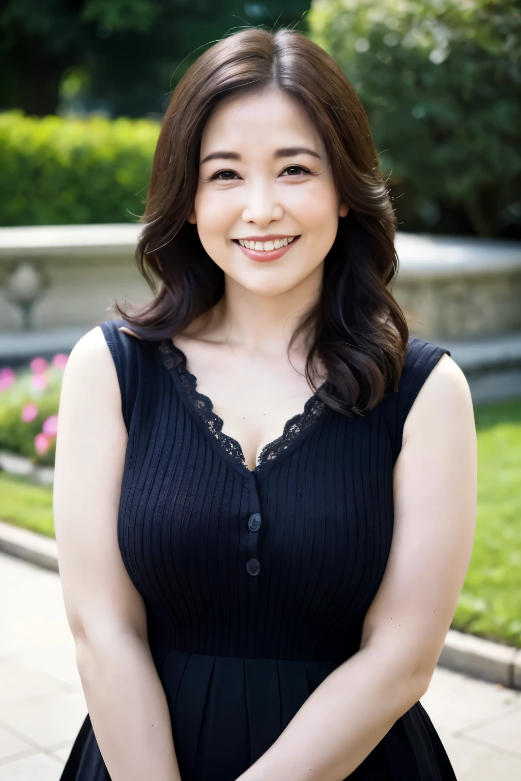 最high quality, In 8K, Masseter region, Real, Sharp focus, high quality, High resolution, Detailed face, Detailed eyes, Thick lips, Background Blur, alone, Middle-aged women, , 55 years old, , Wavy Hair, Cleavage, Wearing a plain short-sleeved knit, Afternoon in front of the park garden, Wrinkles around the eyes, Smiling with teeth showing