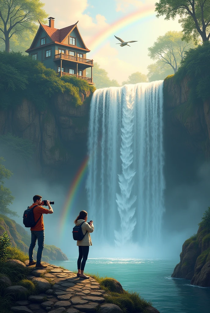A waterfall a man sitting and taking photo with DSLR and a women wait until he takes photo with a house on top of water fall
Bird flying behind the girl and a rainbow can be seen