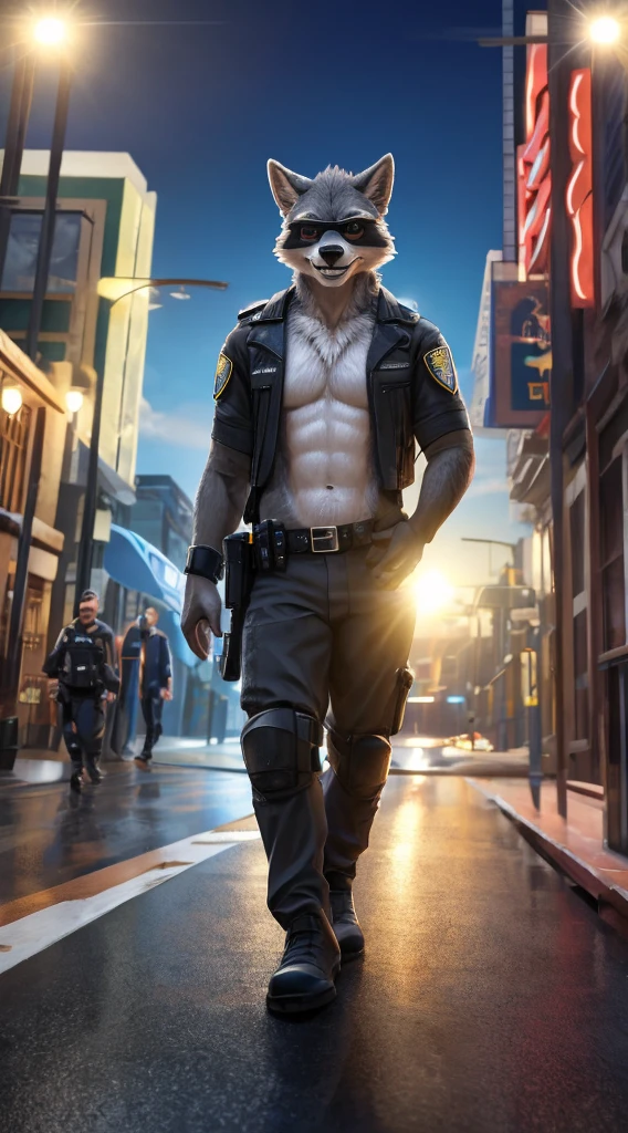 Buffs,((((Two-tone grey fur, White belly,)))), , Raccoon，Earrings,  whole body, Police uniform,  Bright smile，limbs, foot nail, Delicate eyes, Detailed handcuffs, Grin expression, Common fur styles, sexy wolf Farson, Furry, furry Farson, Farson!!!!, Saints Row Fursuit Tales Mod, Kazuma Koda, disney stylized furry, Furry Characters, furaffinity Farson, Humanitypomorphic coyote male, Hybrid humans / Humanity, Buffs, View your viewers, Directing traffic at a pedestrian crossing，
Grin, Sharp teeth, Long, thin canines,  , Unique fur pattern, Police uniform, A seductive gaze, sexy, , hyper-Realistic cgi, photoRealistic, Attention to detail, Realistic:1.5, masterpiece, Absurd, 最high quality, High resolution, high quality, High resolution, Very detailed, 8k wallpaper, Intricate details, 8K Ultra HD, Full HD, (Realistic photo:1.9), Strong lighting, Cinema Lighting, Natural light, Hard Light, Teal lighting, Global Illumination, Ambient Occlusion, Depth of written boundary, vision, Lens flare, Great environment, Complex VR chat background, A complex and intricate subject