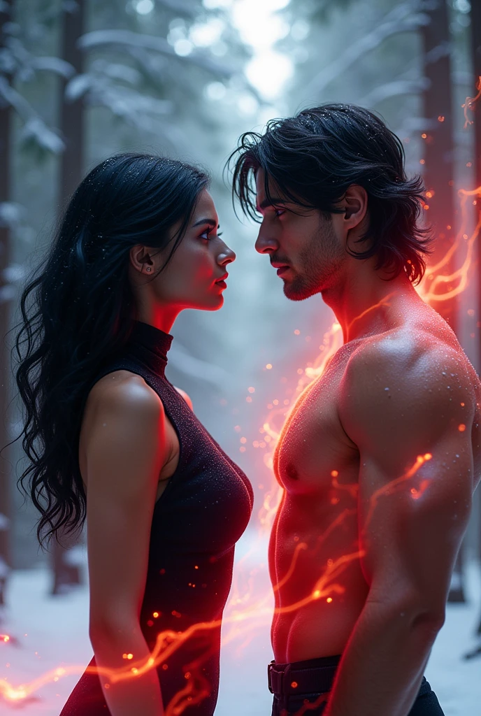 women, long wavy black hair, blue eyes, full lips, black high neck dress, Red energy coming out of it, in a snowy pine forest, man in suit, muscular, medium wavy black hair, blue eyes, with black energy coming out of it