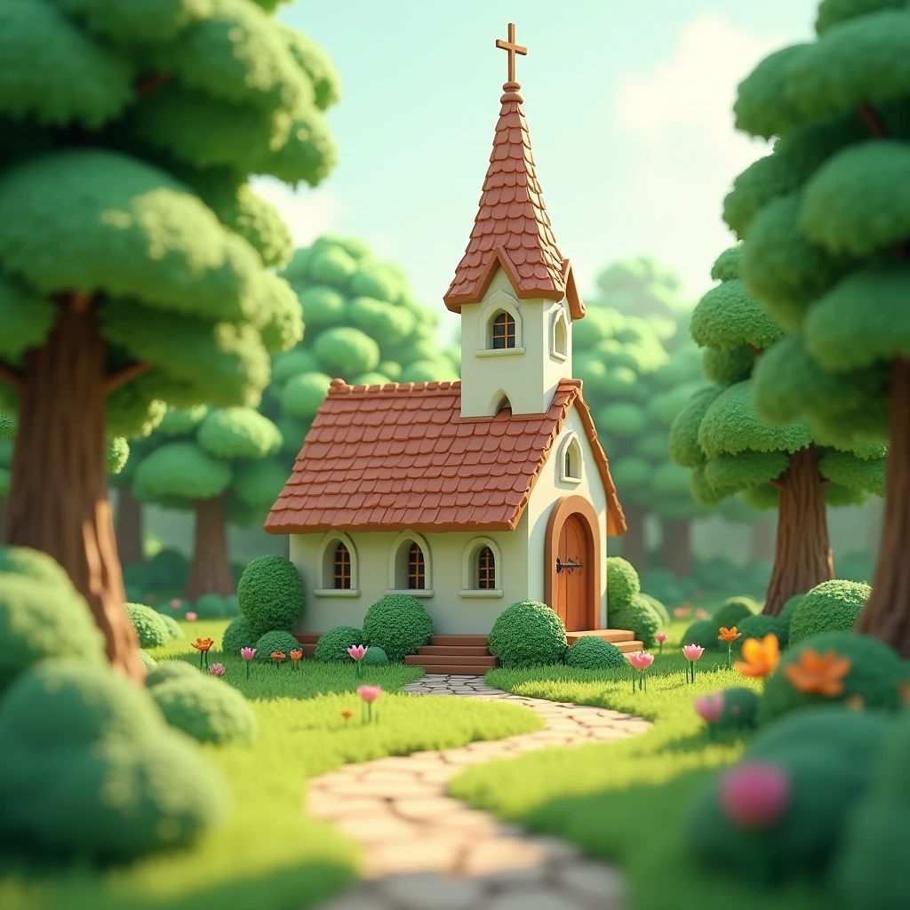 新緑のchurch、Gloria Studio, The garden is full of fresh green trees, Fairy tale、church、Clay Materials, Cartoon design style, POP MART, Soft lighting, Smooth lines, Tilt-shift lens, Detailed sci-fi illustrations, Ultra-Realistic Details,